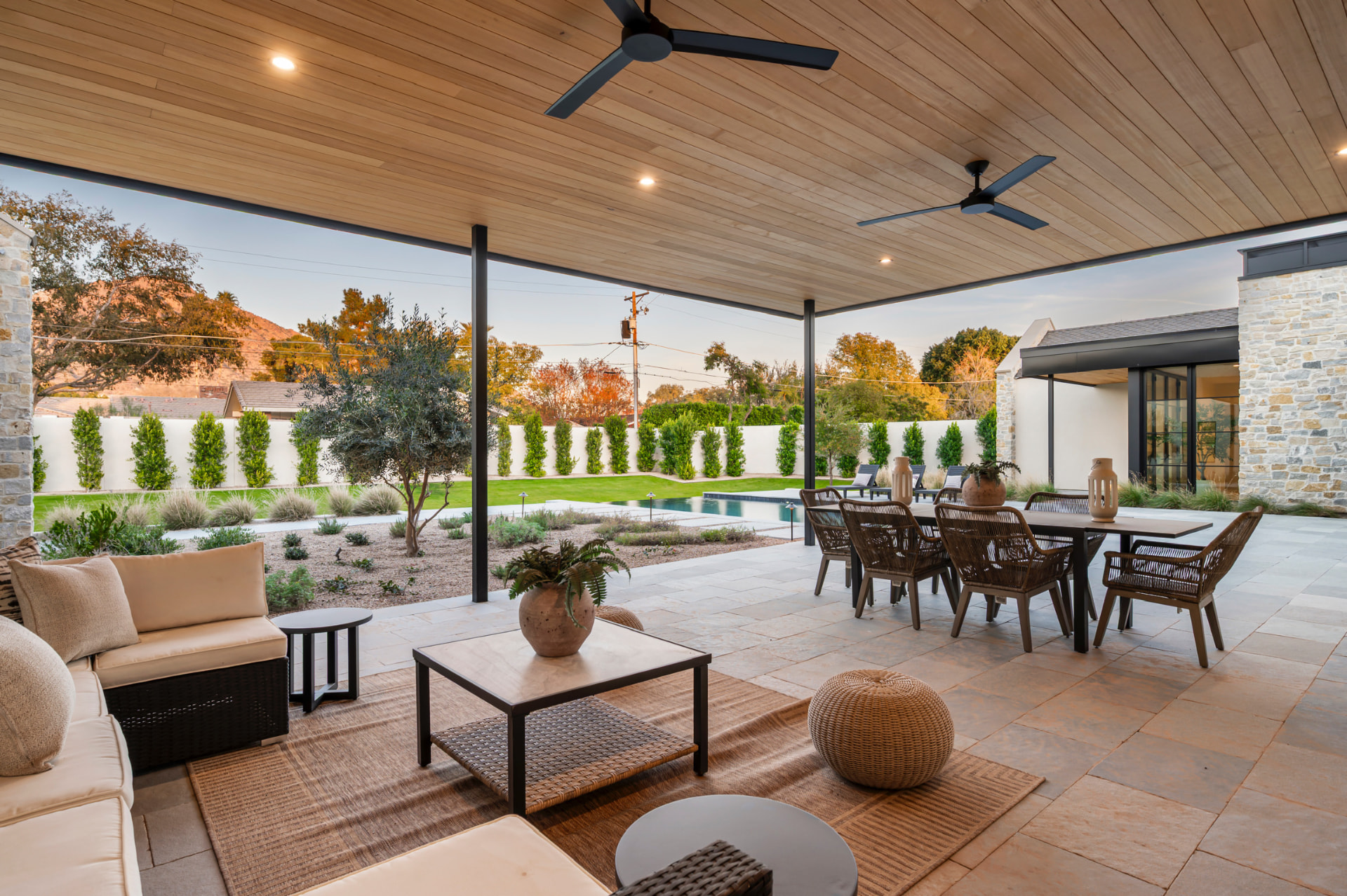 Covered outdoor living and dining terrace