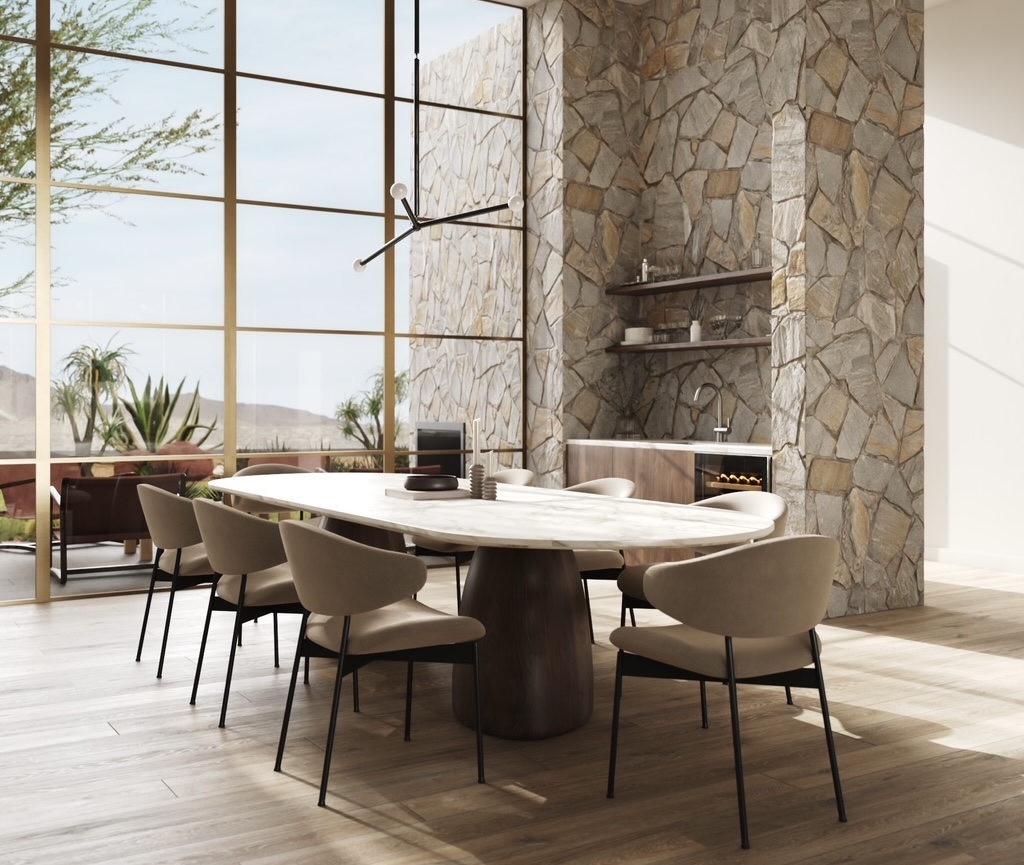 Dining room with stone feature wall