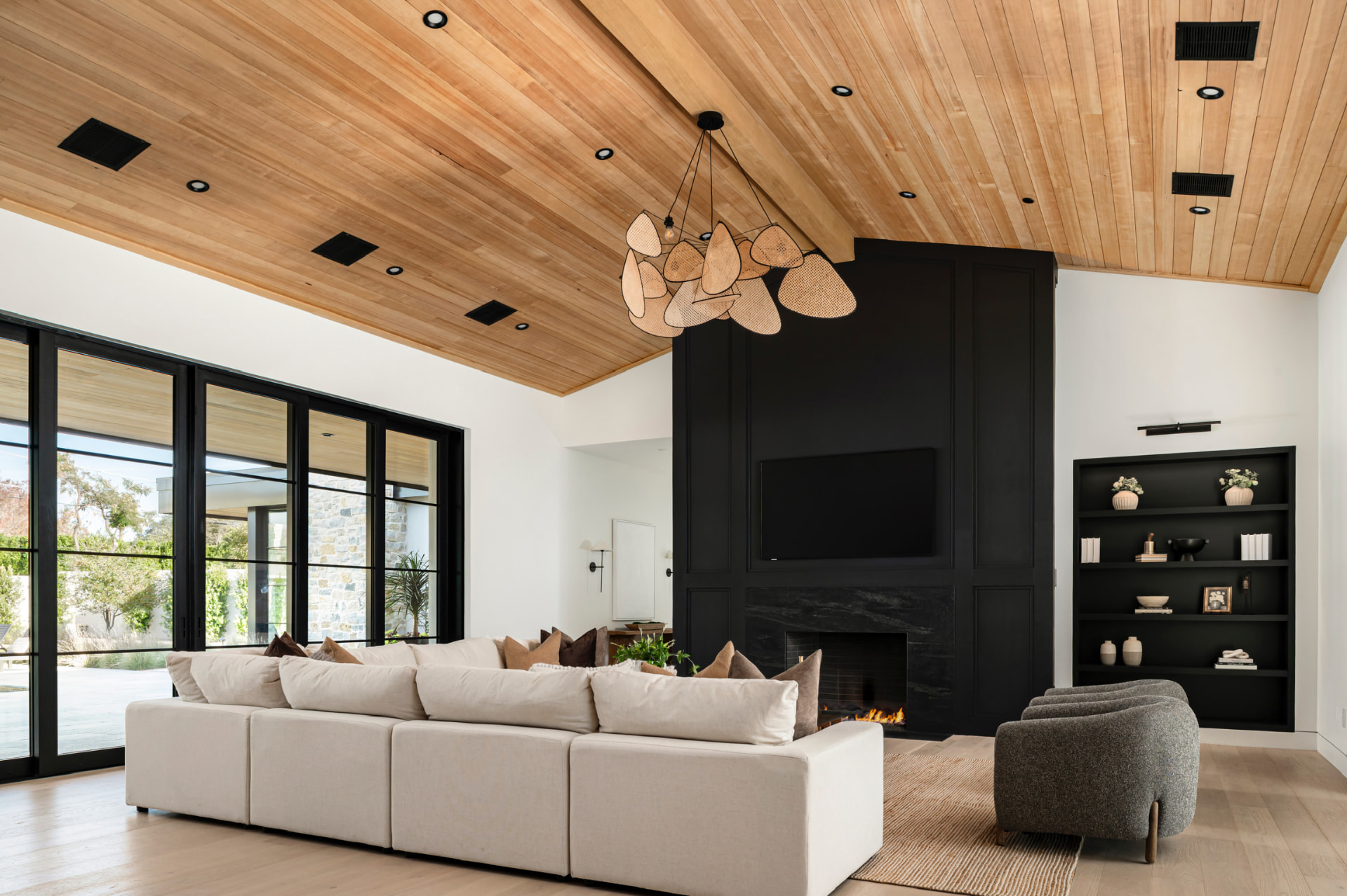 Great room and black fireplace