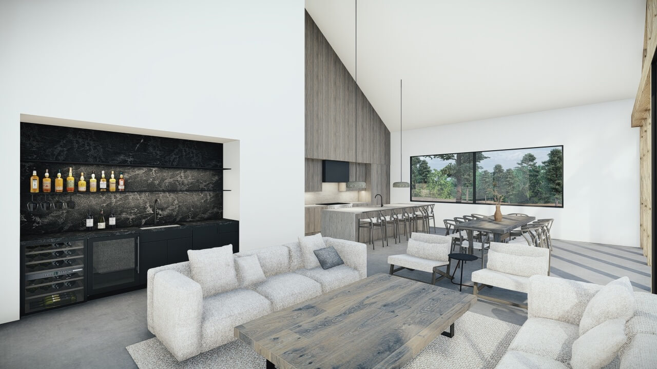 Living room with stone-look bar wall