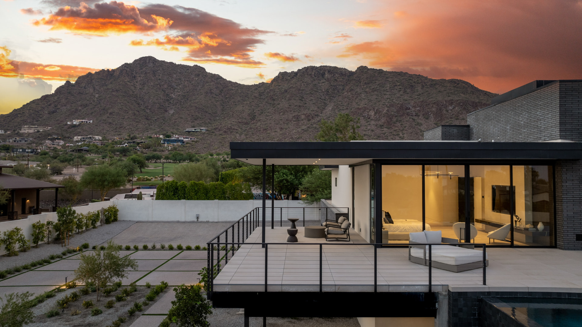 Bedroom terrace overlooking Camelback Mountain at sunset