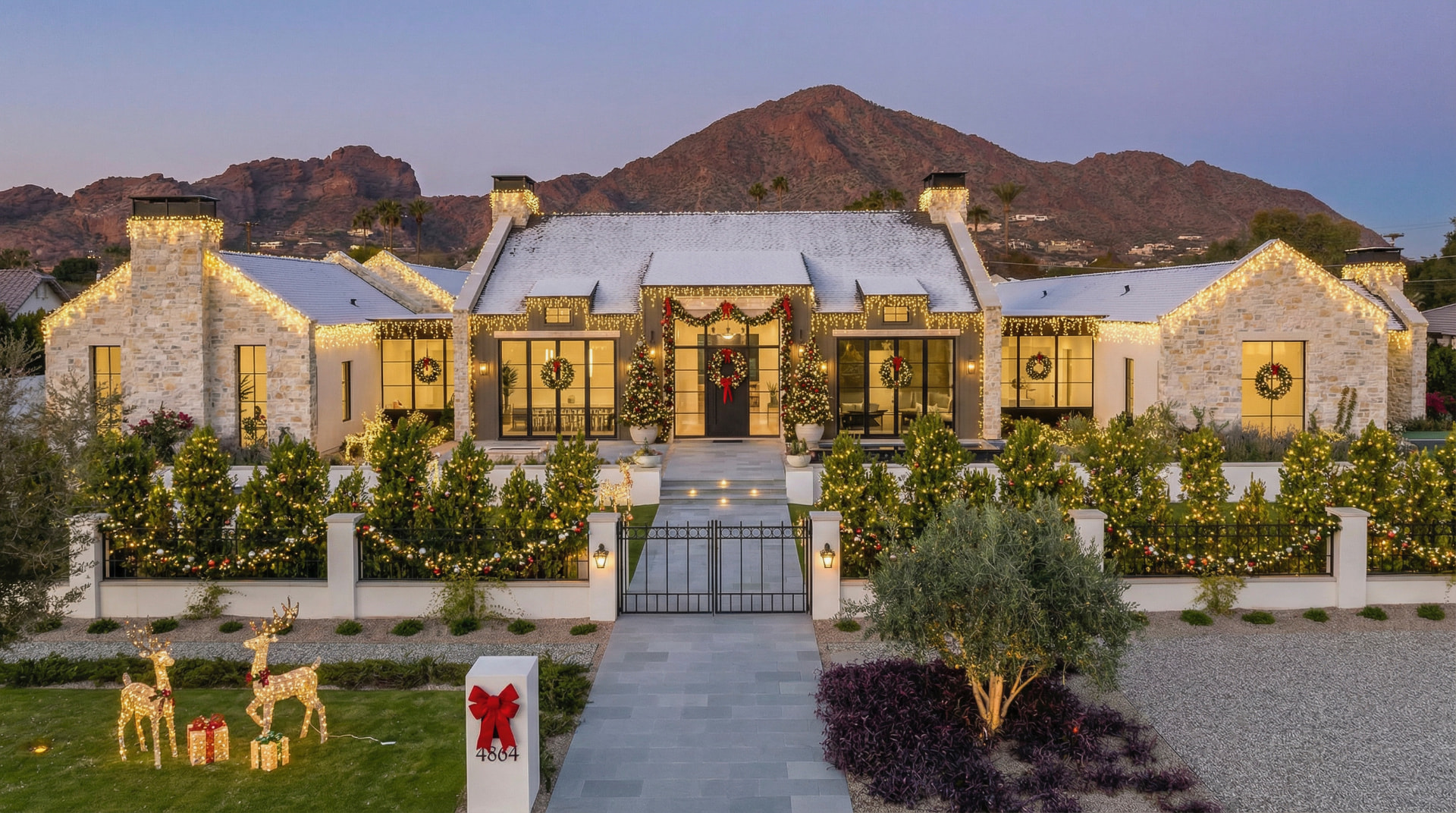 Holiday-decorated front exterior