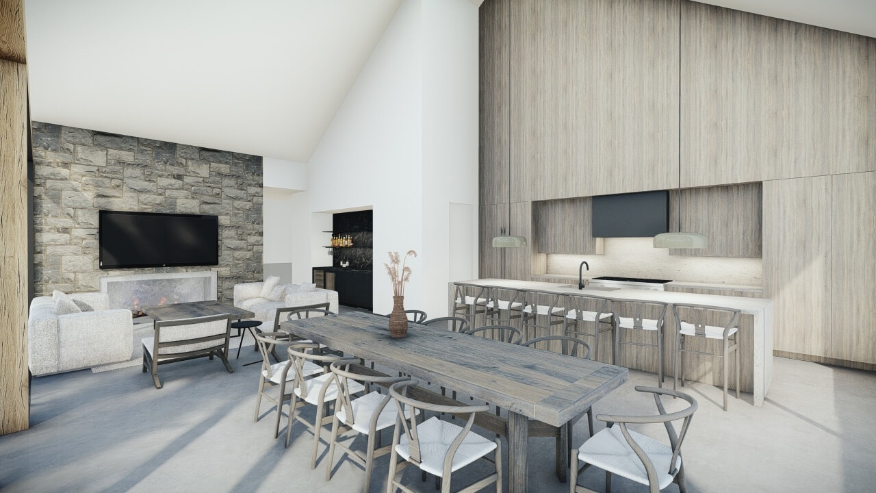 Oak kitchen and dining with mountain views