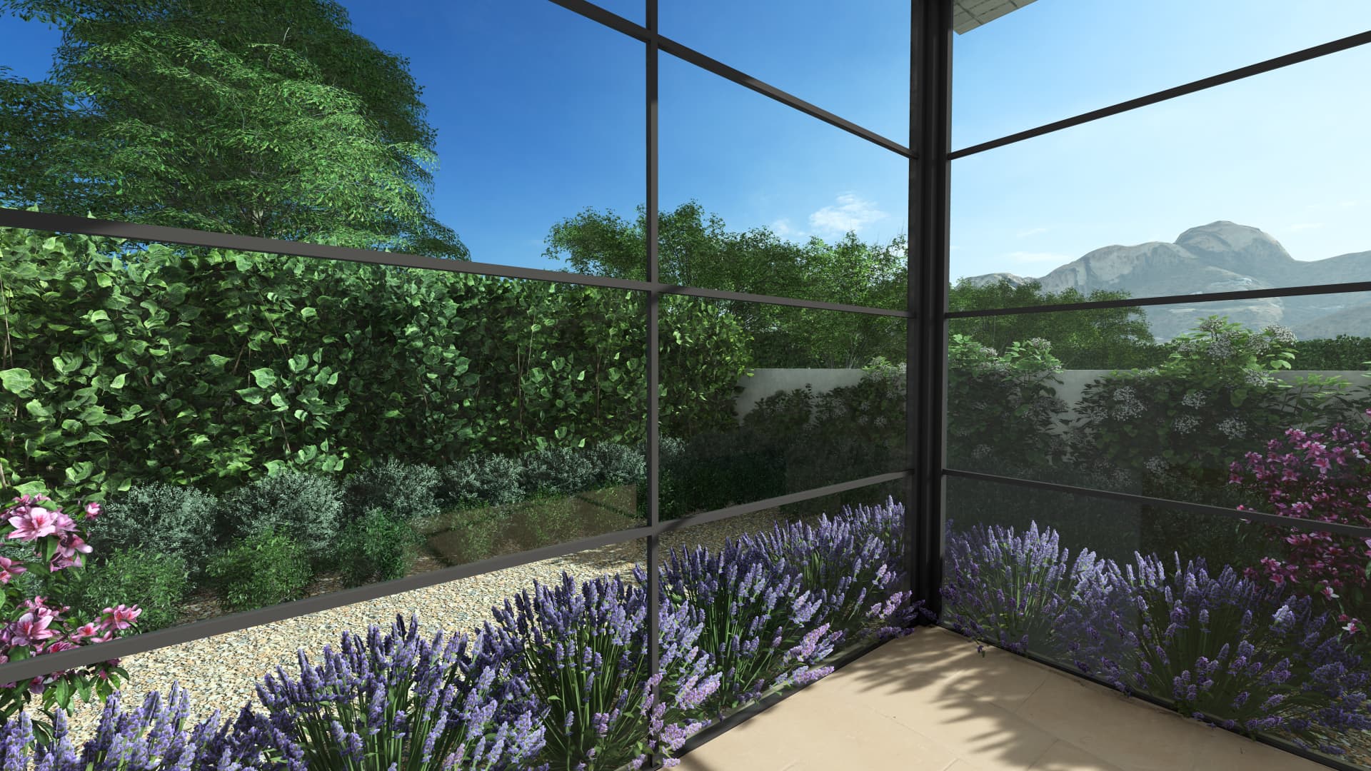 Garden views through the glass-walled corner