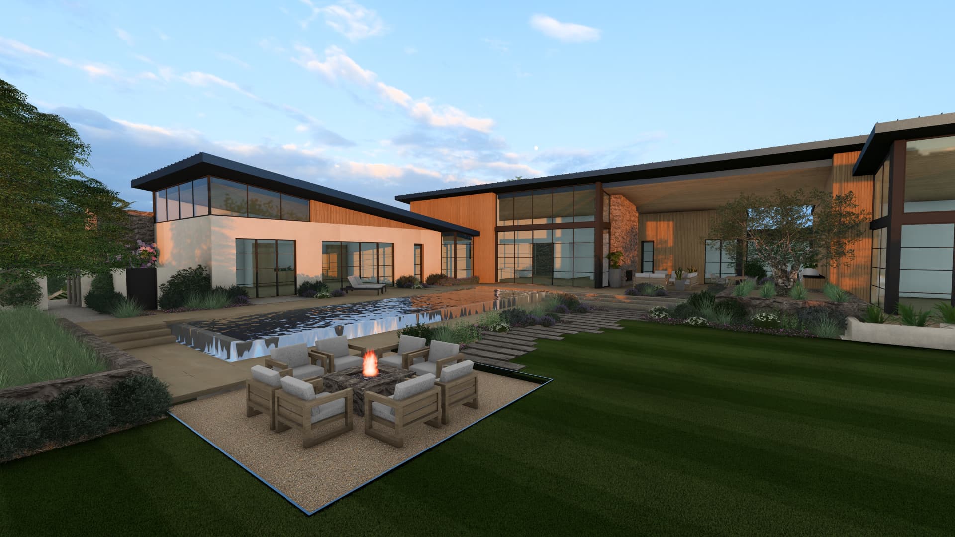 Rear pool and fire-pitch terrace at dusk