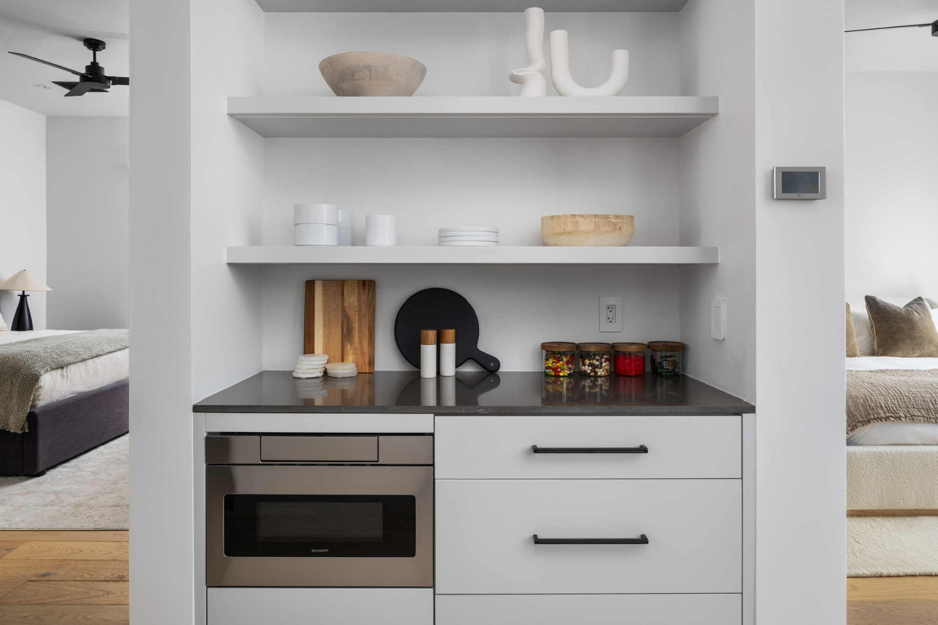 Built-in refreshment station with open shelving