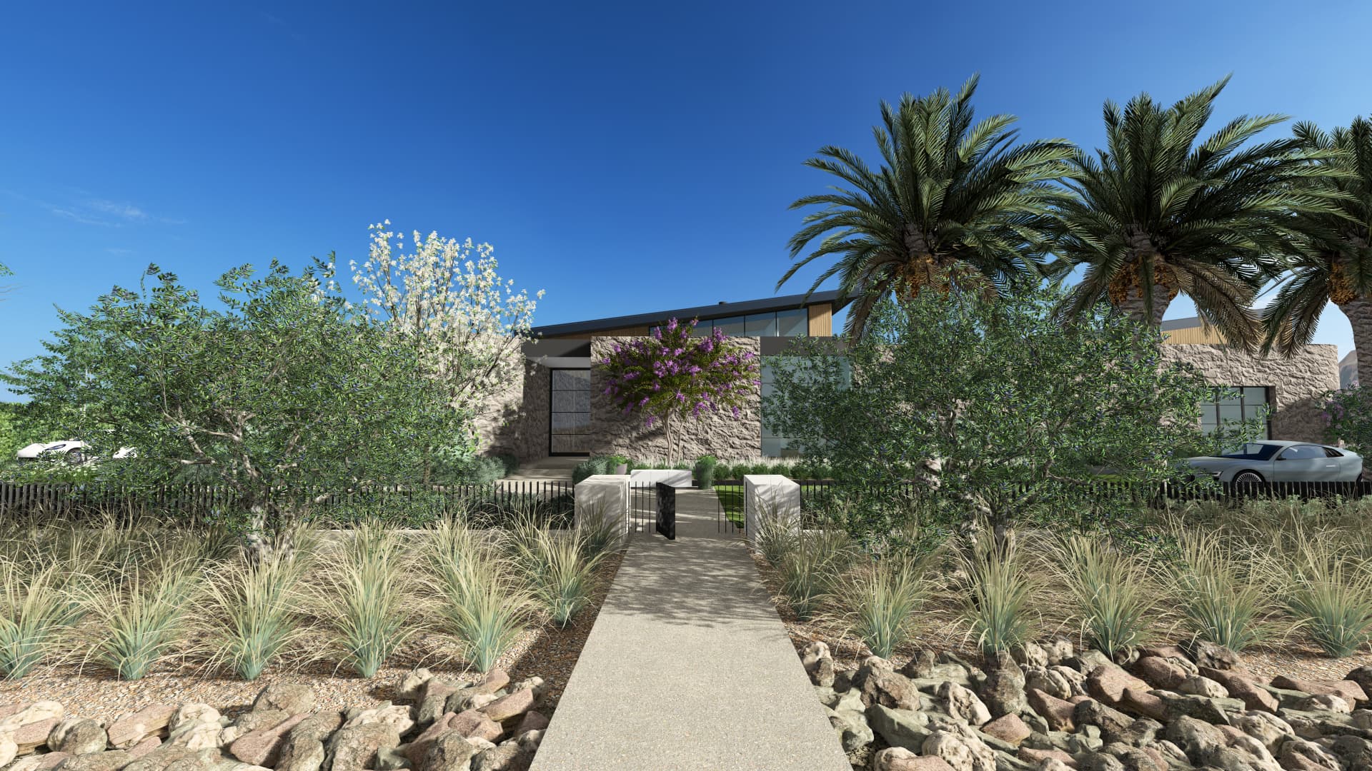 Garden gate and front walk among the palms