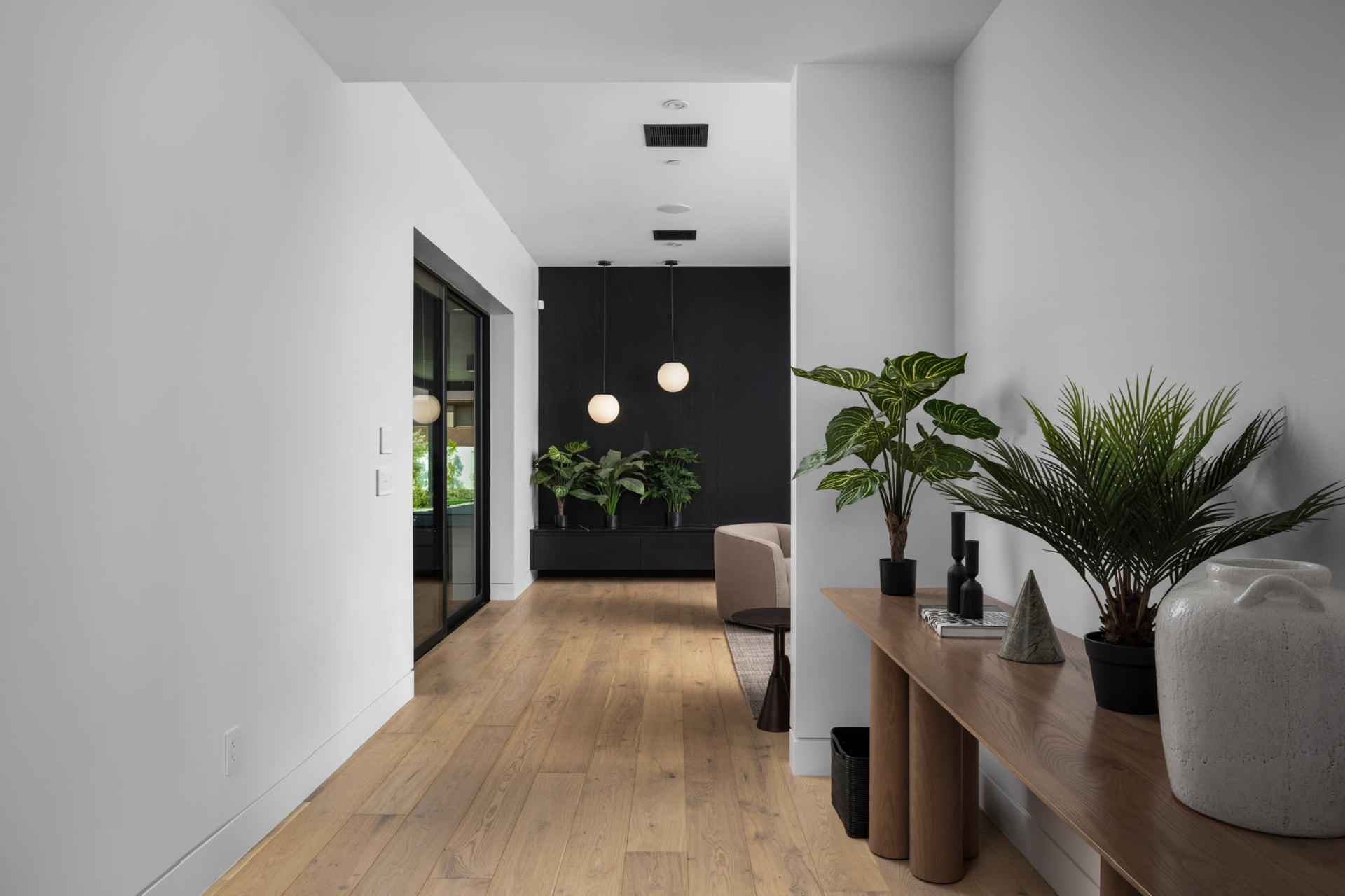 Hallway with console table and indoor greenery