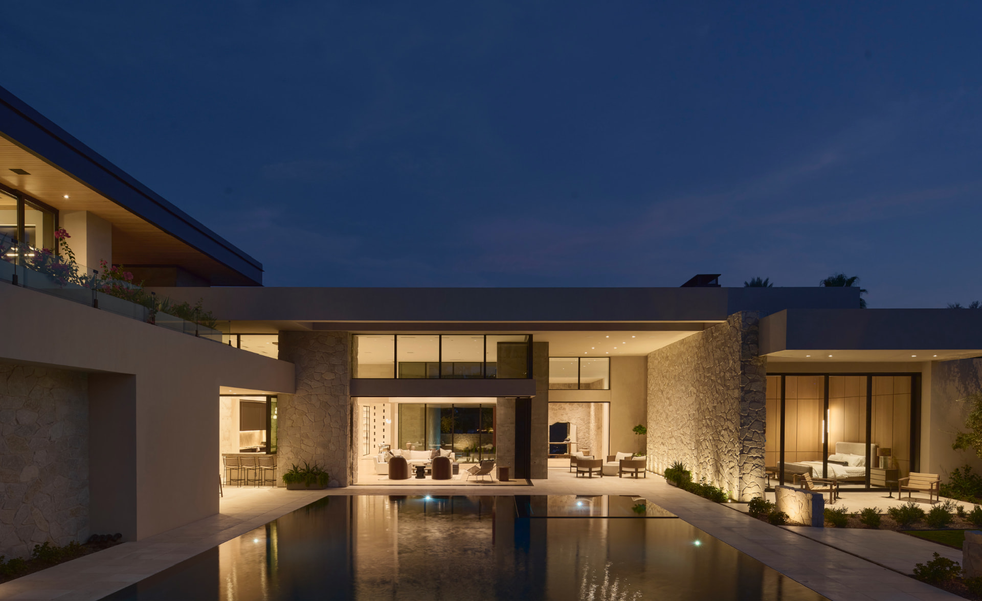 Pool courtyard at twilight
