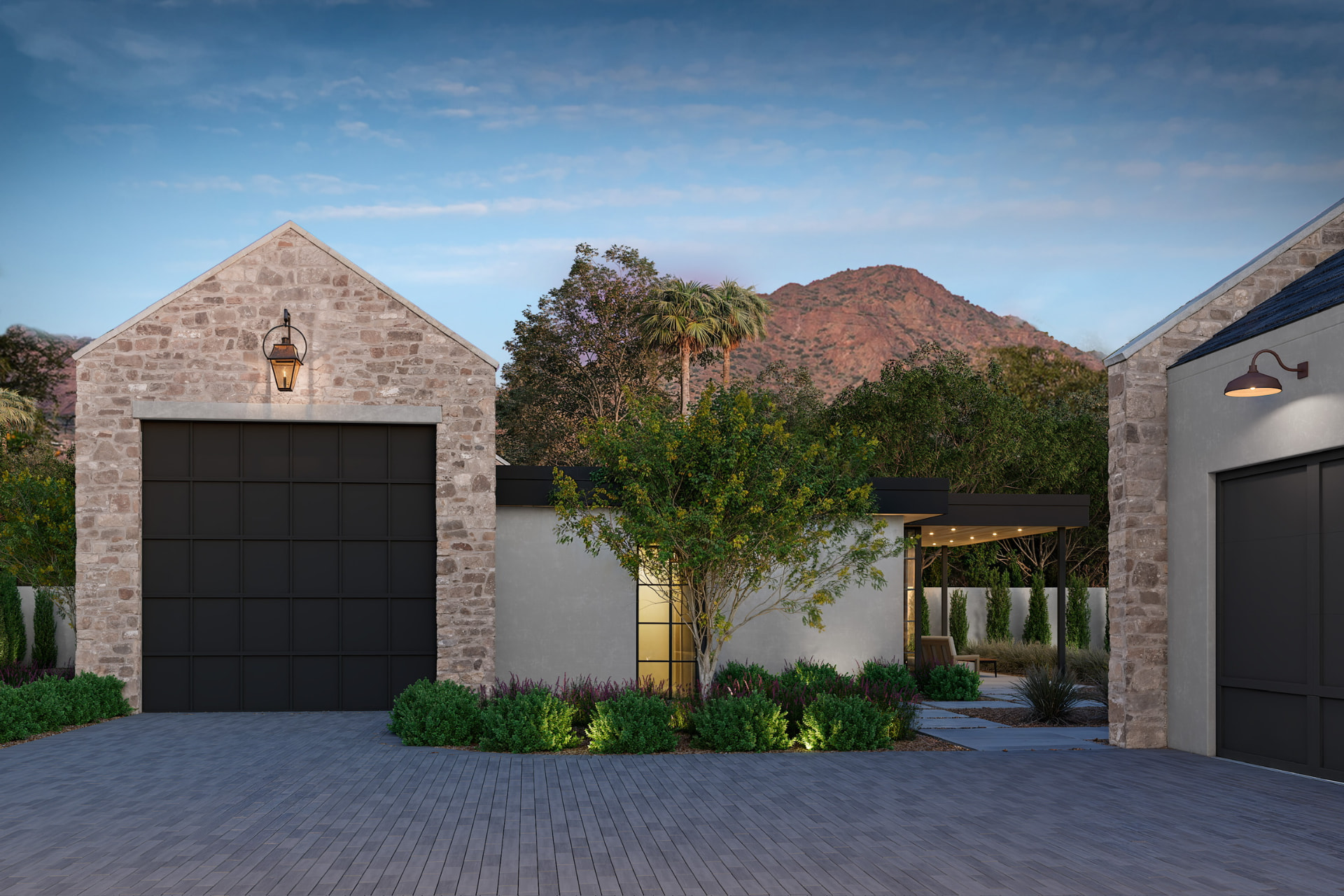 Stone garage and mountain views at dusk