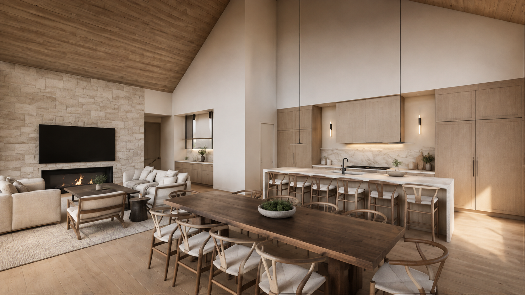 Great room with stone fireplace and vaulted timber ceiling