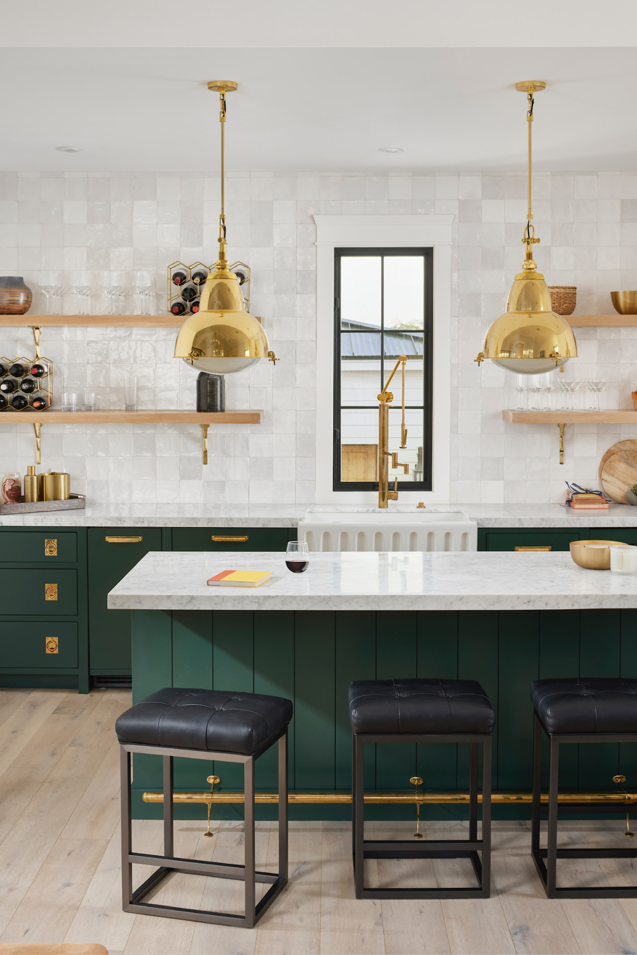 Casita kitchen with brass pendants