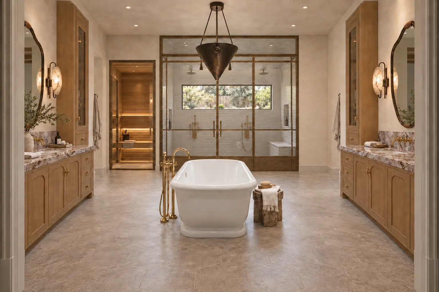 Primary bath with freestanding tub and sauna