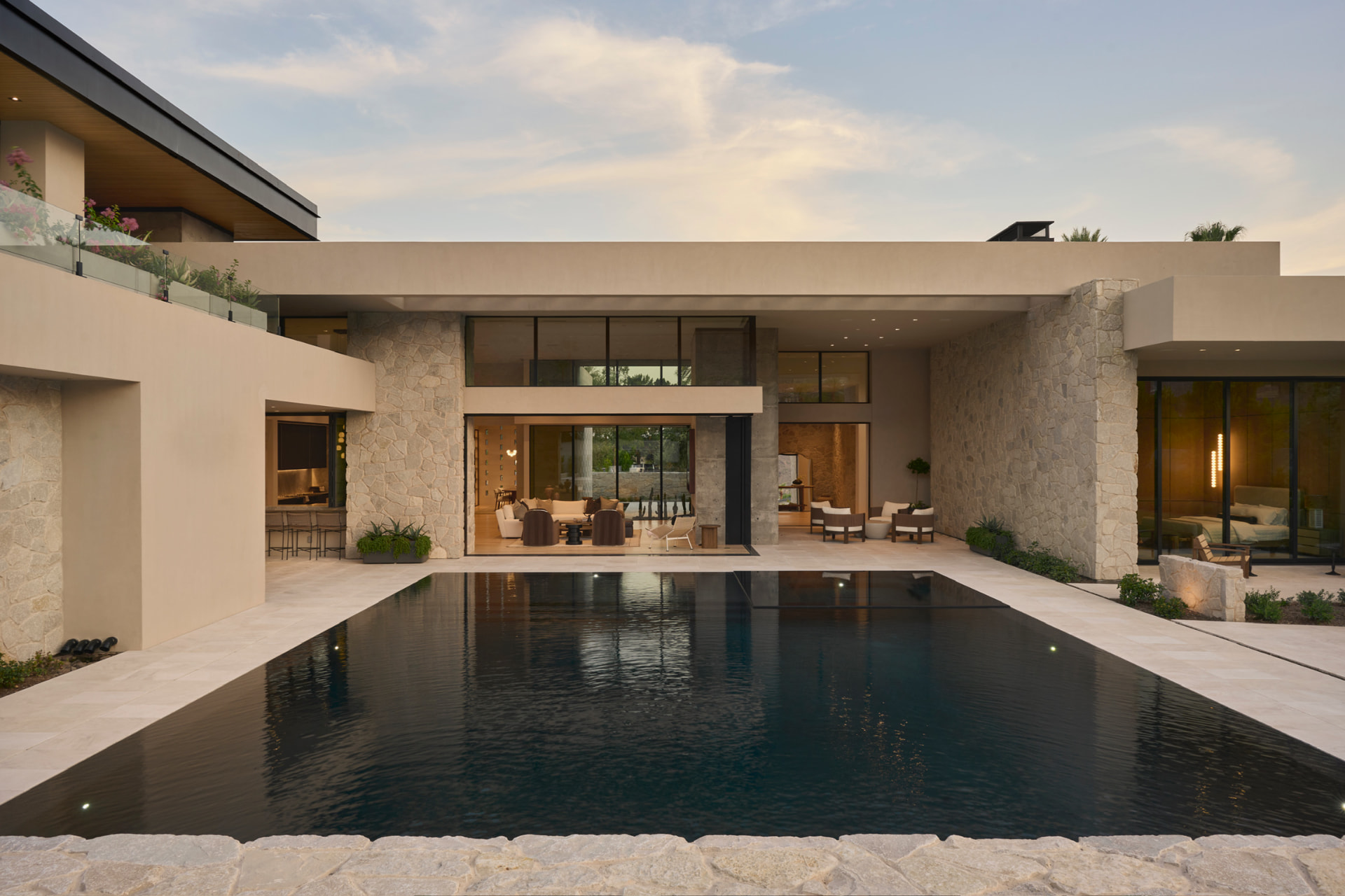 Pool courtyard at sunset