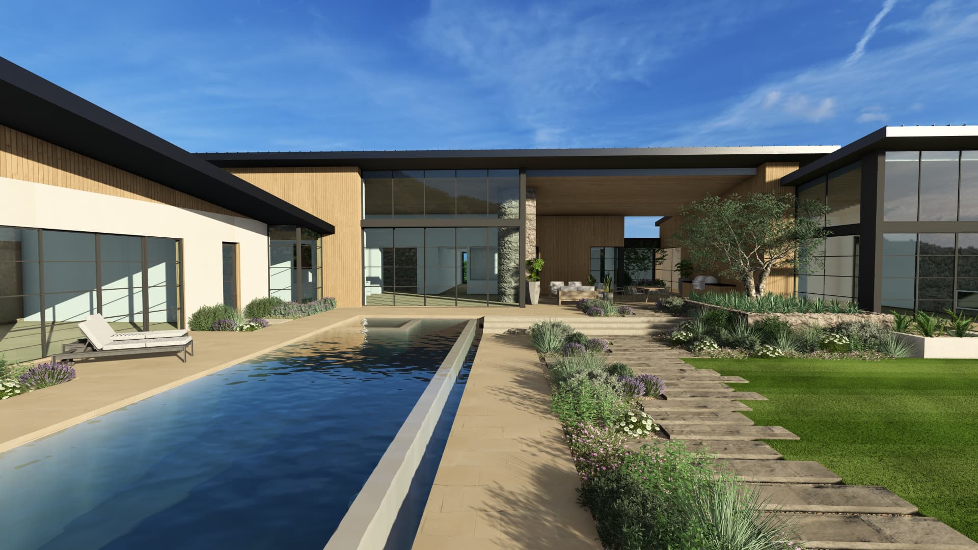 Rear lap pool and garden walk at daylight