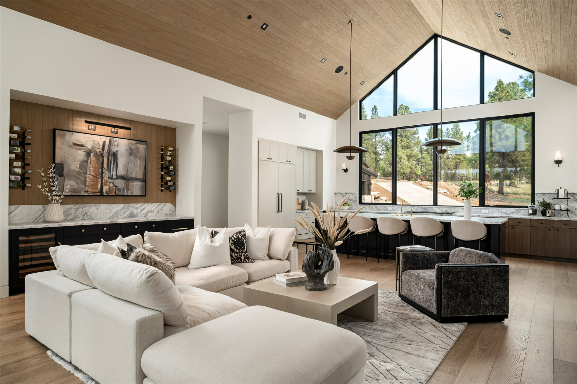 Living room with wine wall and gallery lighting