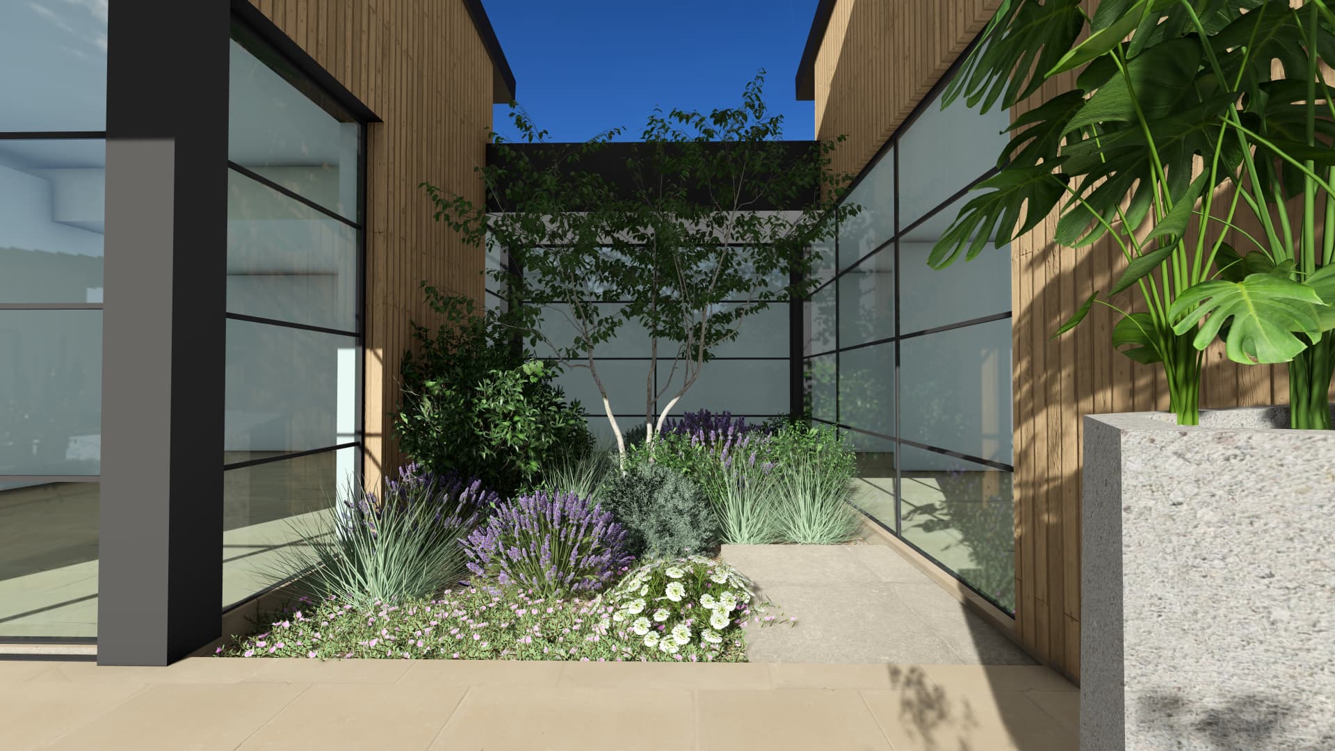 Courtyard garden between the glass-walled wings