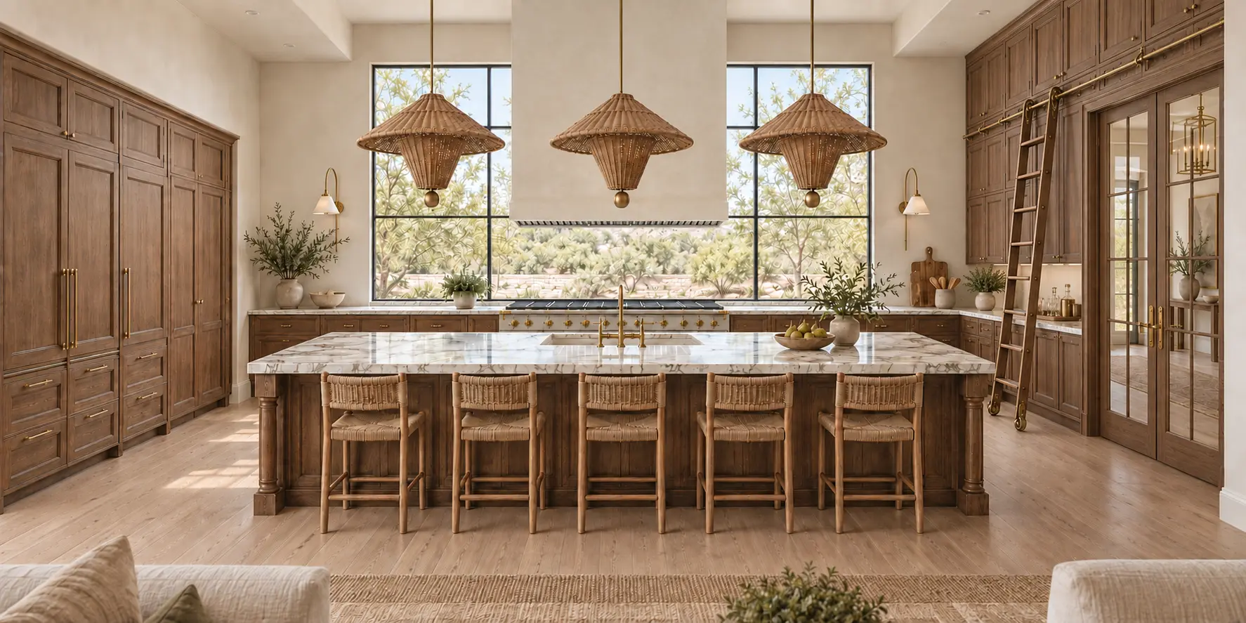 Kitchen with walnut cabinetry and marble island