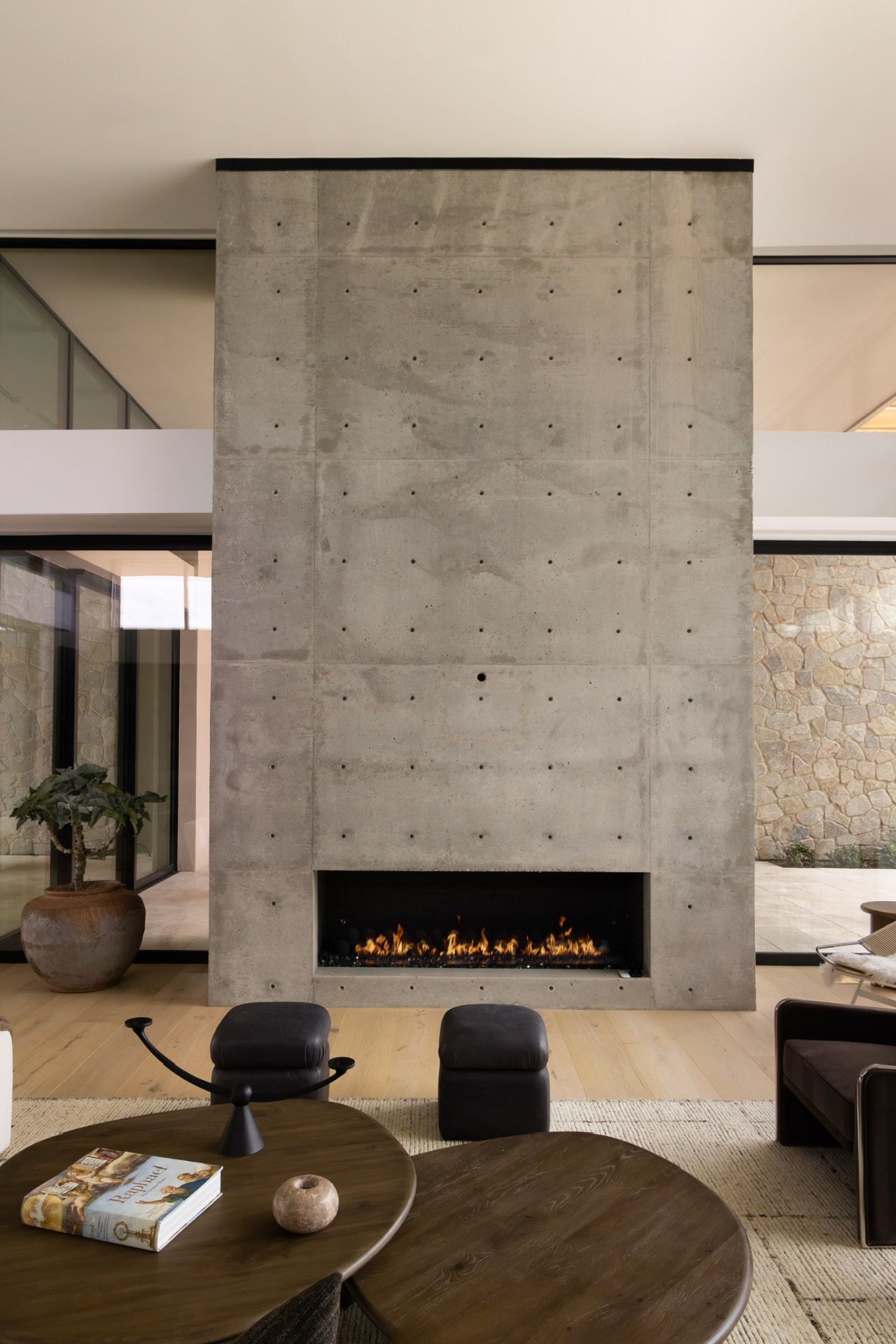 Board-formed concrete fireplace in the great room