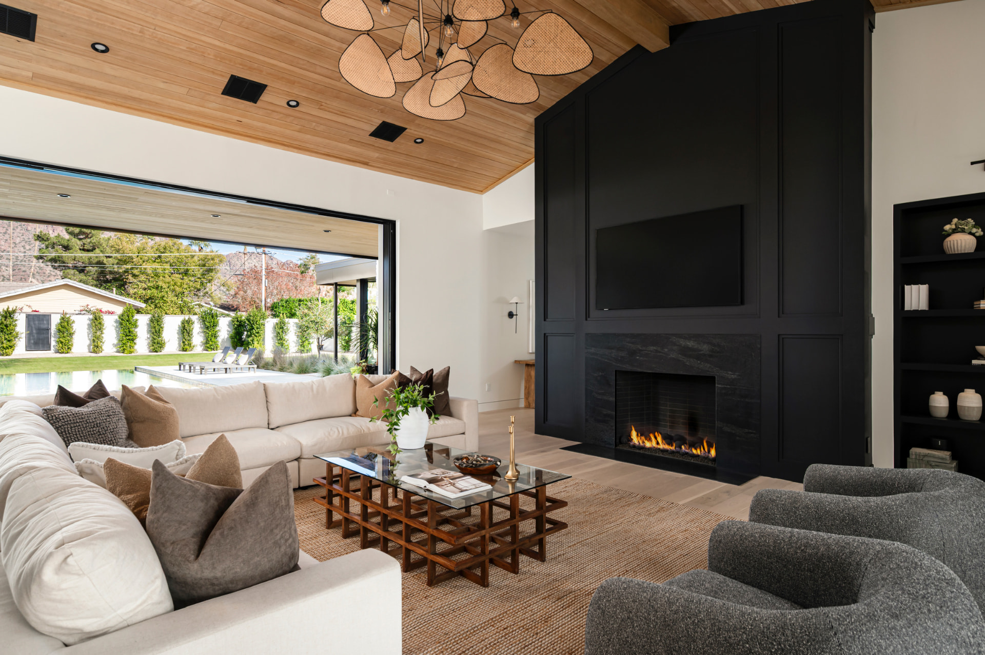 Great room fireplace and garden views