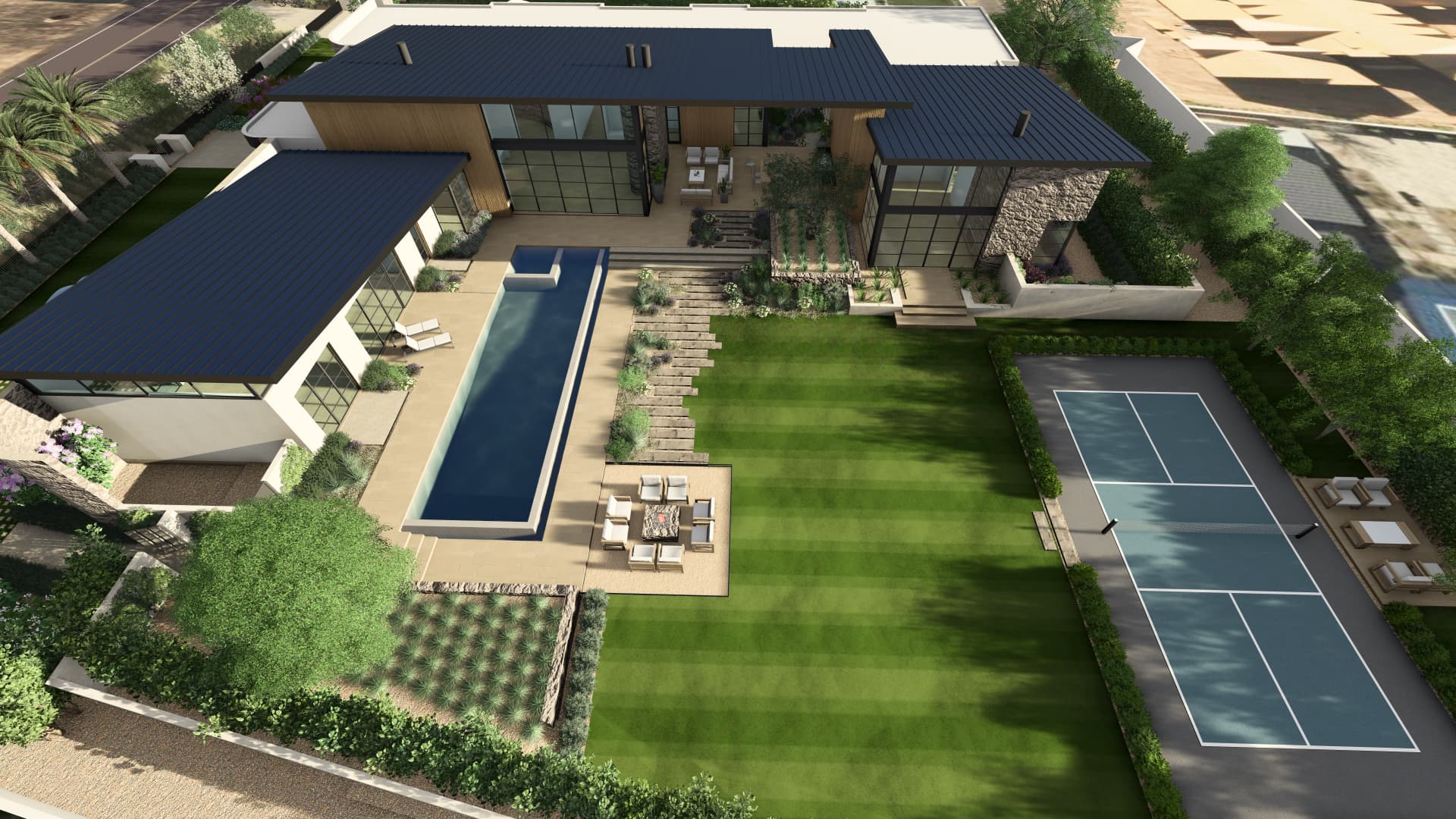 Rear elevation with pool, lawn, and sport court