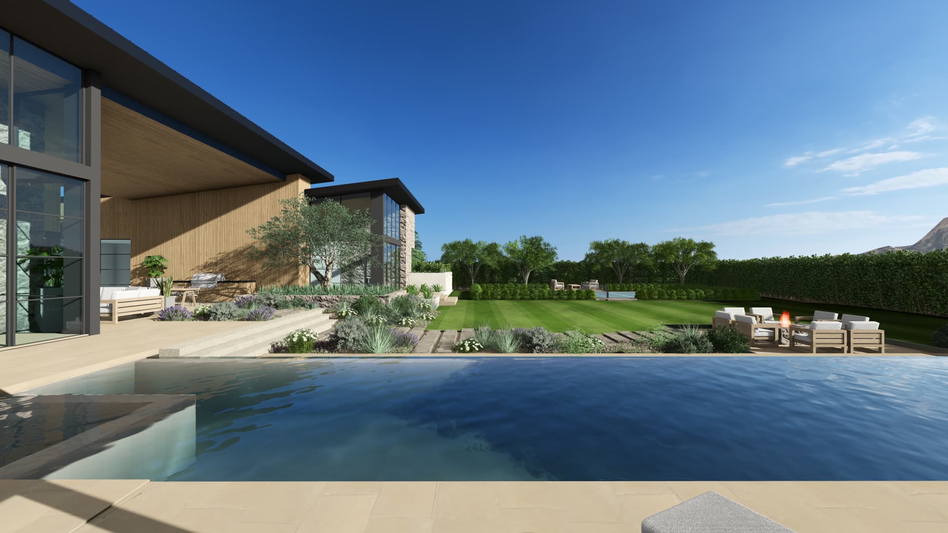 Spa pool overlooking the lawn and sport court