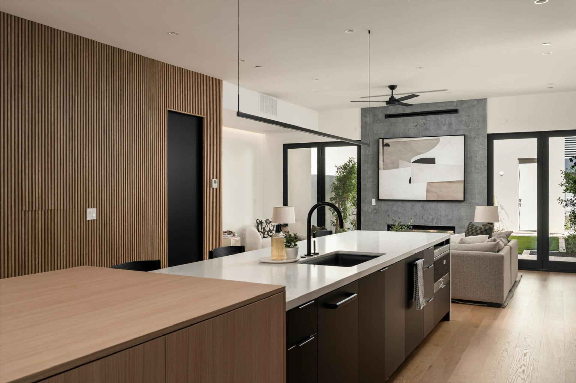 Kitchen island and living room