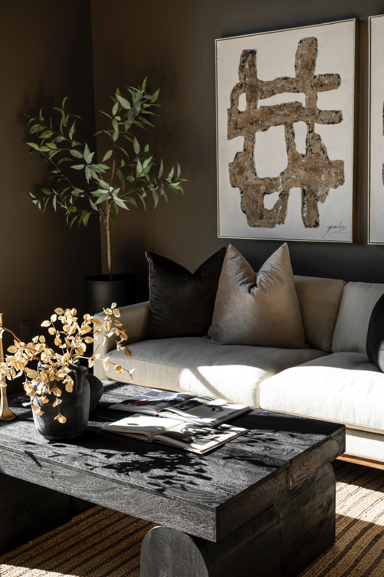 Sunlit lounge with sculptural furnishings