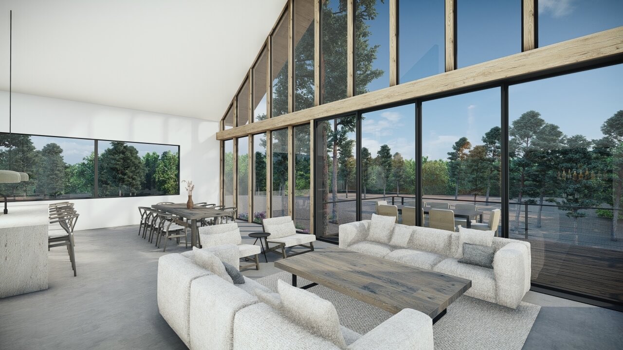 Great room opening to the forest terrace