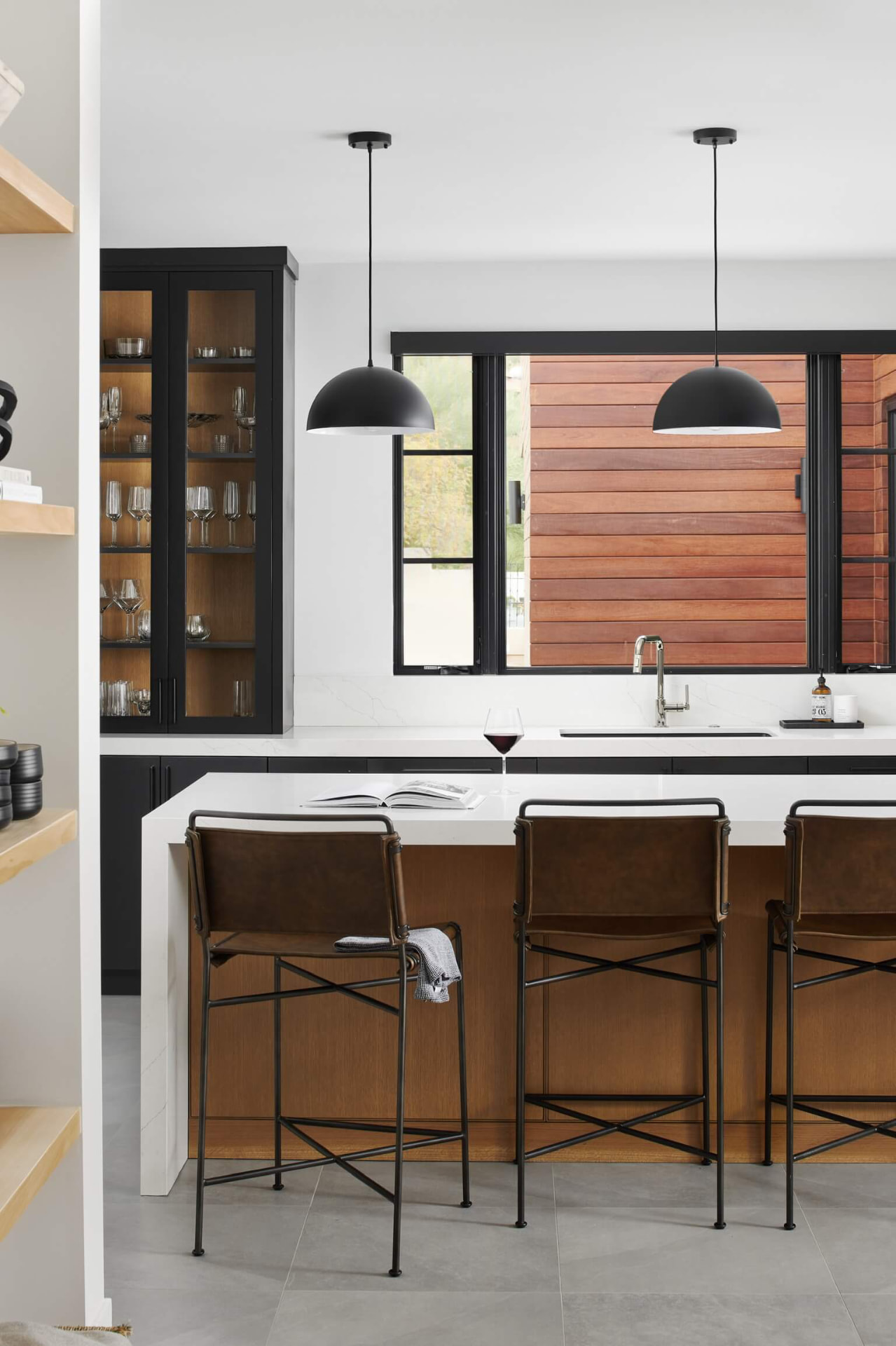 Kitchen island with leather counter stools