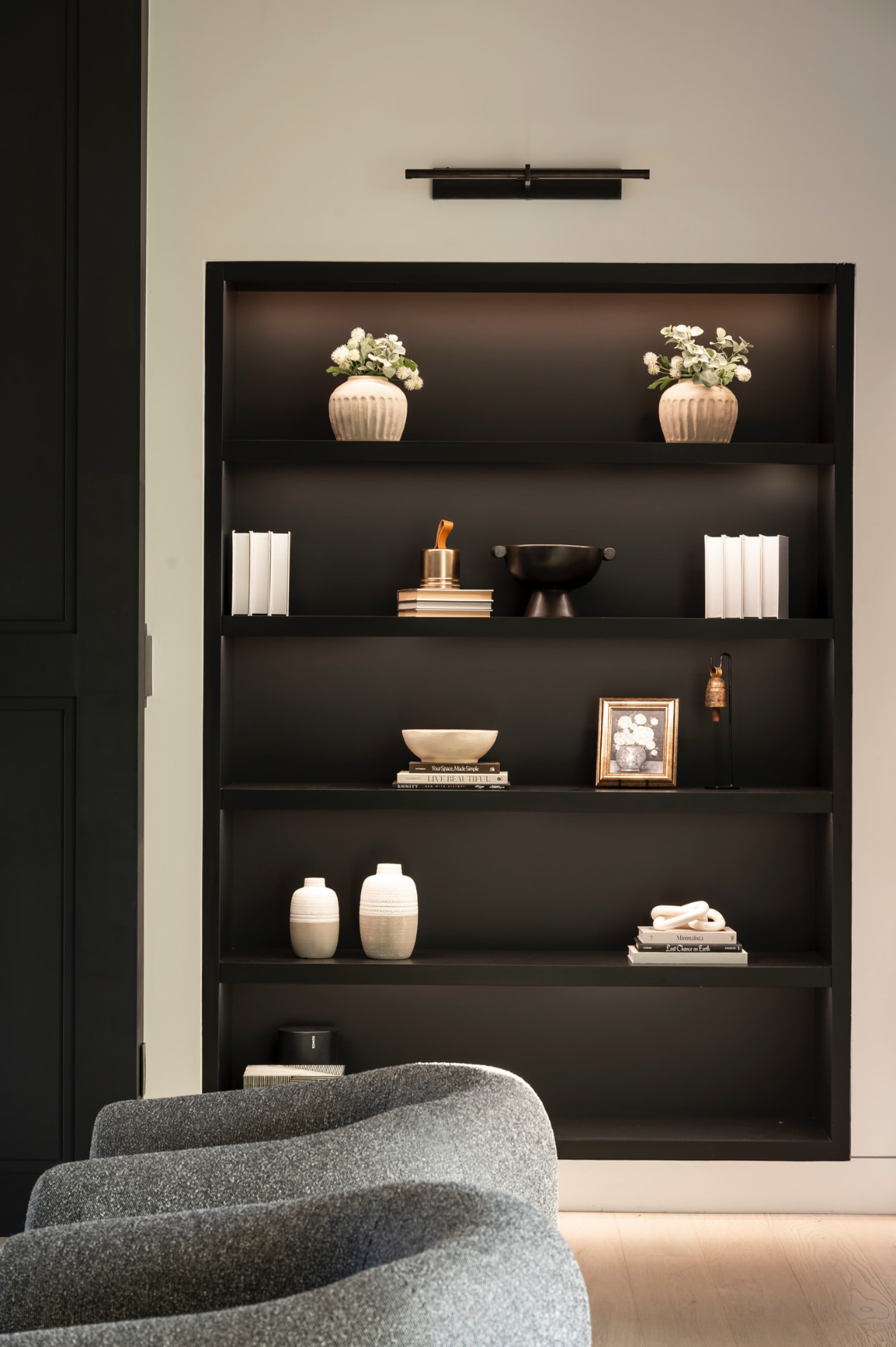 Custom library display and lounge seating