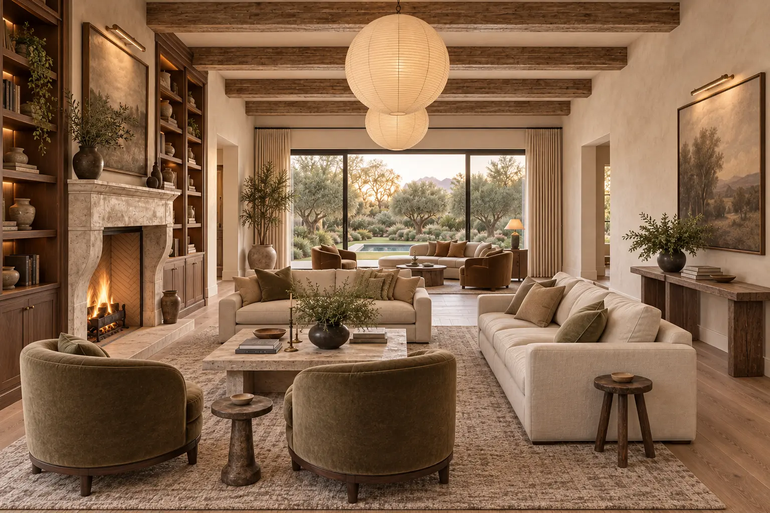 Great room with beamed ceilings and fireplace