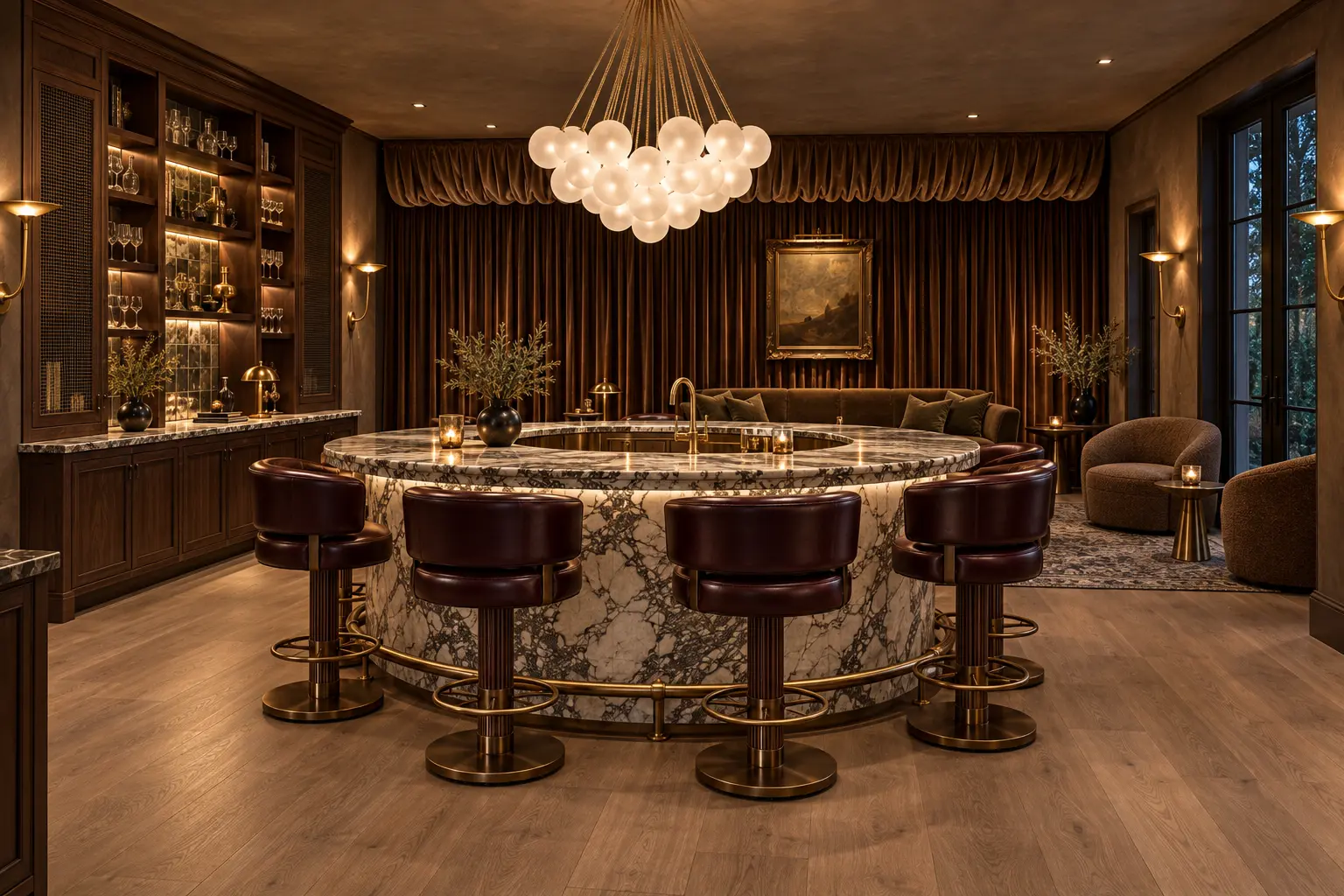 Speakeasy bar with circular marble bar top