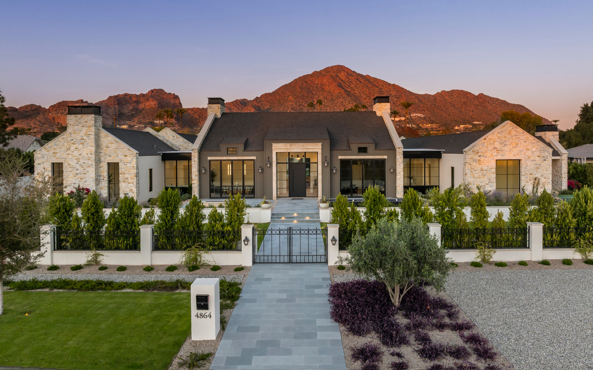 Front elevation at sunset