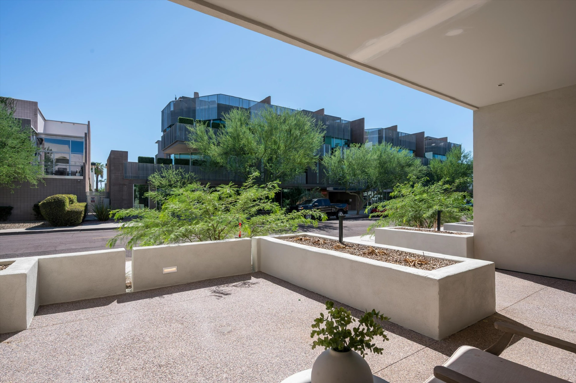 Covered patio with planters